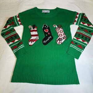 Ugly Christmas Sweater Green Naughty & Nice Stockings Sz L